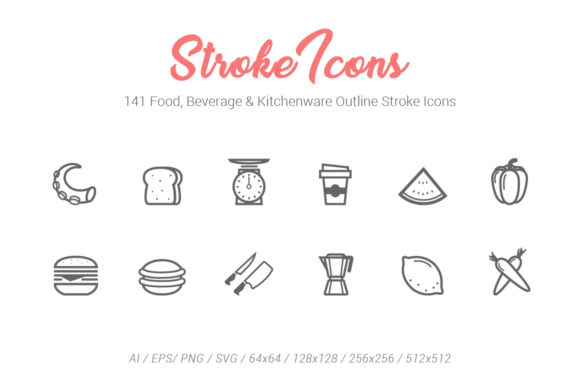 141 Food Drink Kitchen Stroke Icons for Design